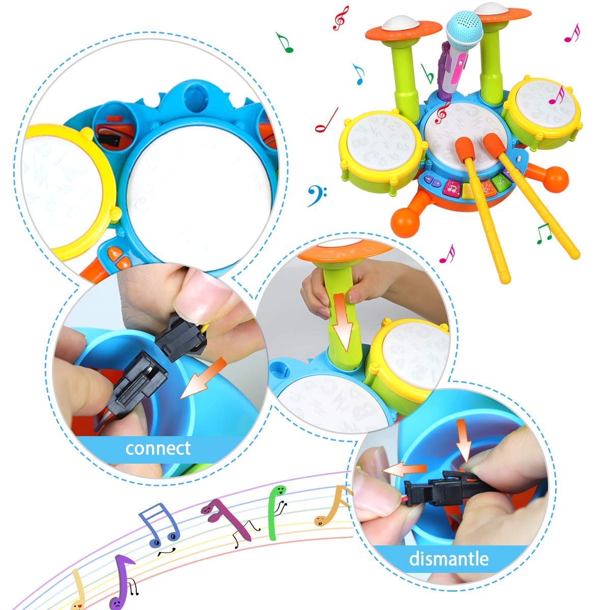 Pokonboy Kids Drum Set For Toddler 1-3, Musical Instruments Learning Toys With 2 Drum Sticks Adjustable Microphone Birthday For Boys Girls 6 12 18 Month (Yellow)
