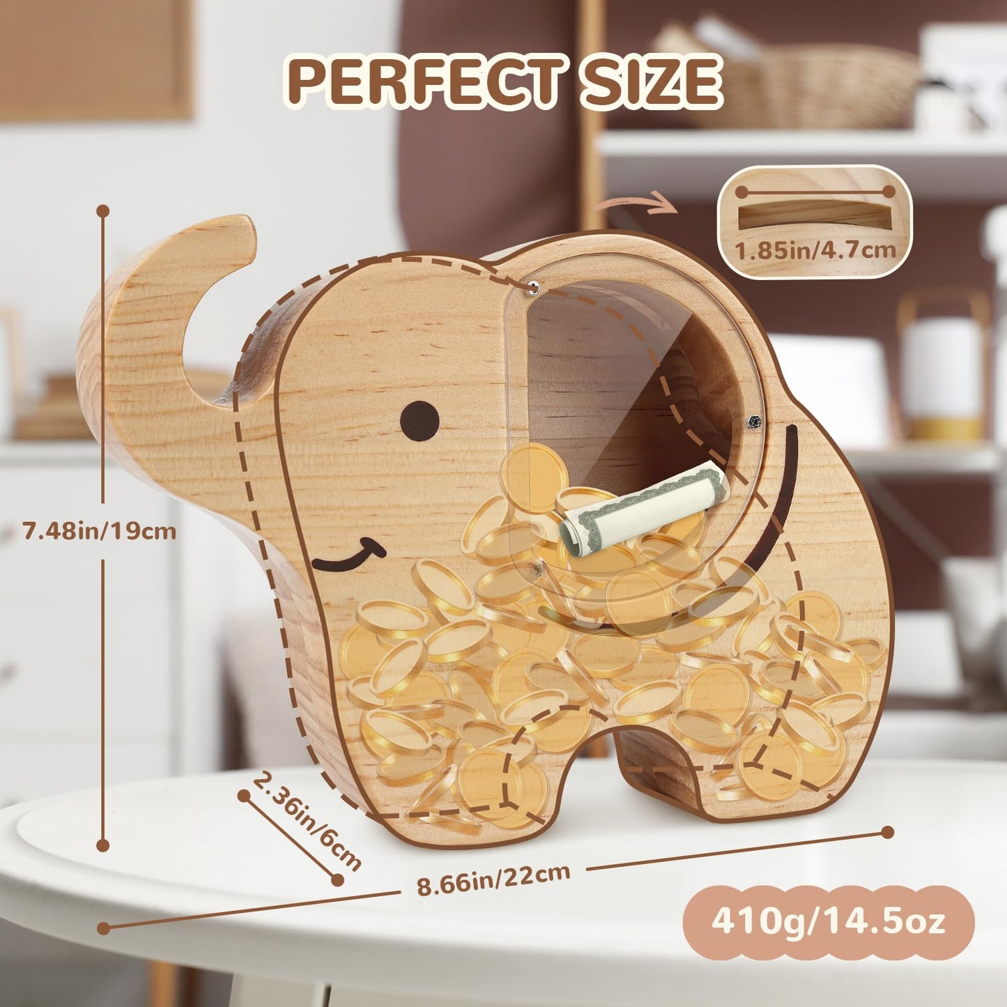 Wooshwa Elephant Piggy Bank For Kids, Wooden Money Bank For Boys Girls Toddler, Unbreakable Bills And Coins Cash Box, Creative S