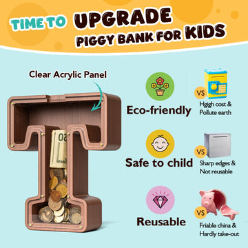 Summidate Wooden Letter Piggy Bank Extra Thick Large Capacity Piggy Bank for Kids Boys Girls Toddler Alphabet T Money Bank| Coin Box Birthday Christmas Festival