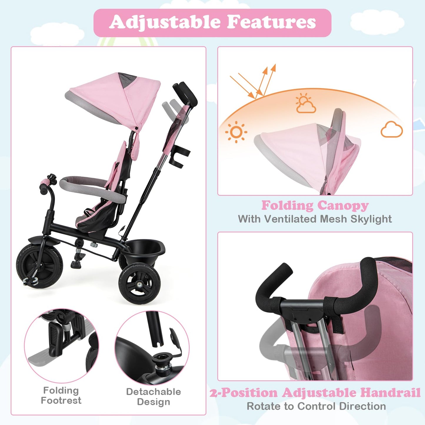 HONEY JOY Tricycle, Kids Trike Stroller w/Adjustable Push Handle & Canopy, Reversible Seat, Safety Belt, Folding Pedal, Cup Hold