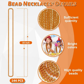 144PCS Bead Necklace, Orange Halloween Bead Necklaces Party Favors, 33'' Mardi Gras Beads Necklaces Costume Bulk, Festival Parad