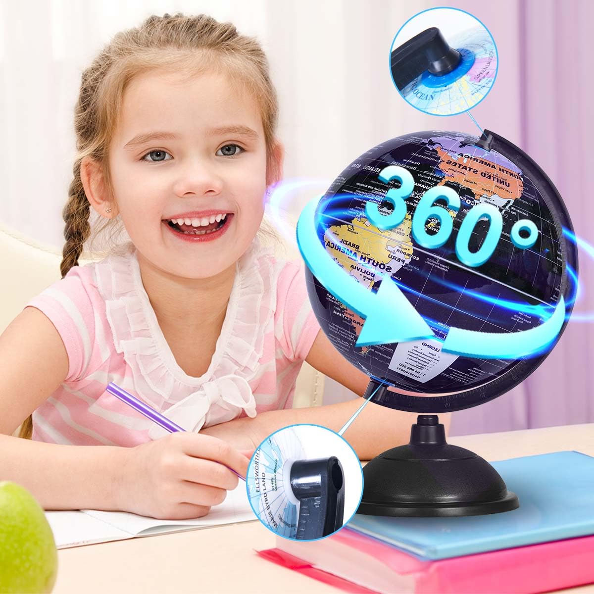 Kiseer 8 Inch World Globe With Stand Rotating Earth Spinning Globe For Kids Geography Classroom Education Or Decorations (Black)