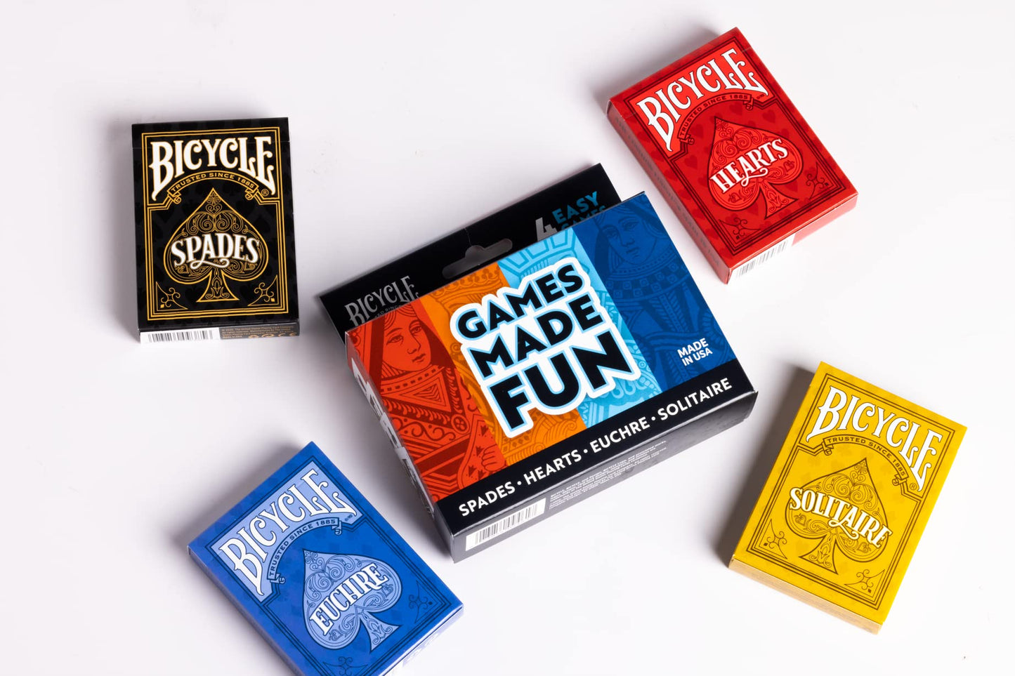 Bicycle 4 Playing Card Games In 1: Euchre, Hearts, Spades, And Solitaire (4 Card Game Pack)