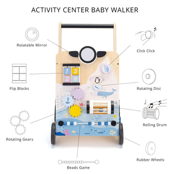 PairPear Wooden Baby Walker, Baby Push Walker Activity Center Toys,Montessori Walker Toy with Shape Sorter, Adjustable Speed Act