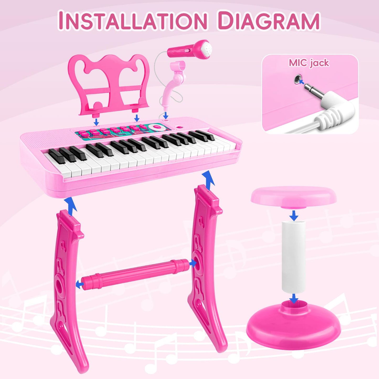 Amy&Benton Birthday Gift For 3 4 5 6 7 Year Old Girls Piano Toy With Stood For Girls 3-5 Pink Music Keyboard Toy 37 Keys With Chair