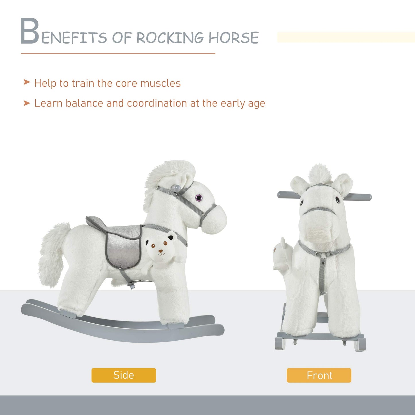 Qaba Kids Plush Ride-On Rocking Horse With Bear Toy, Children Chair With Soft Plush Toy & Fun Realistic Sounds, White