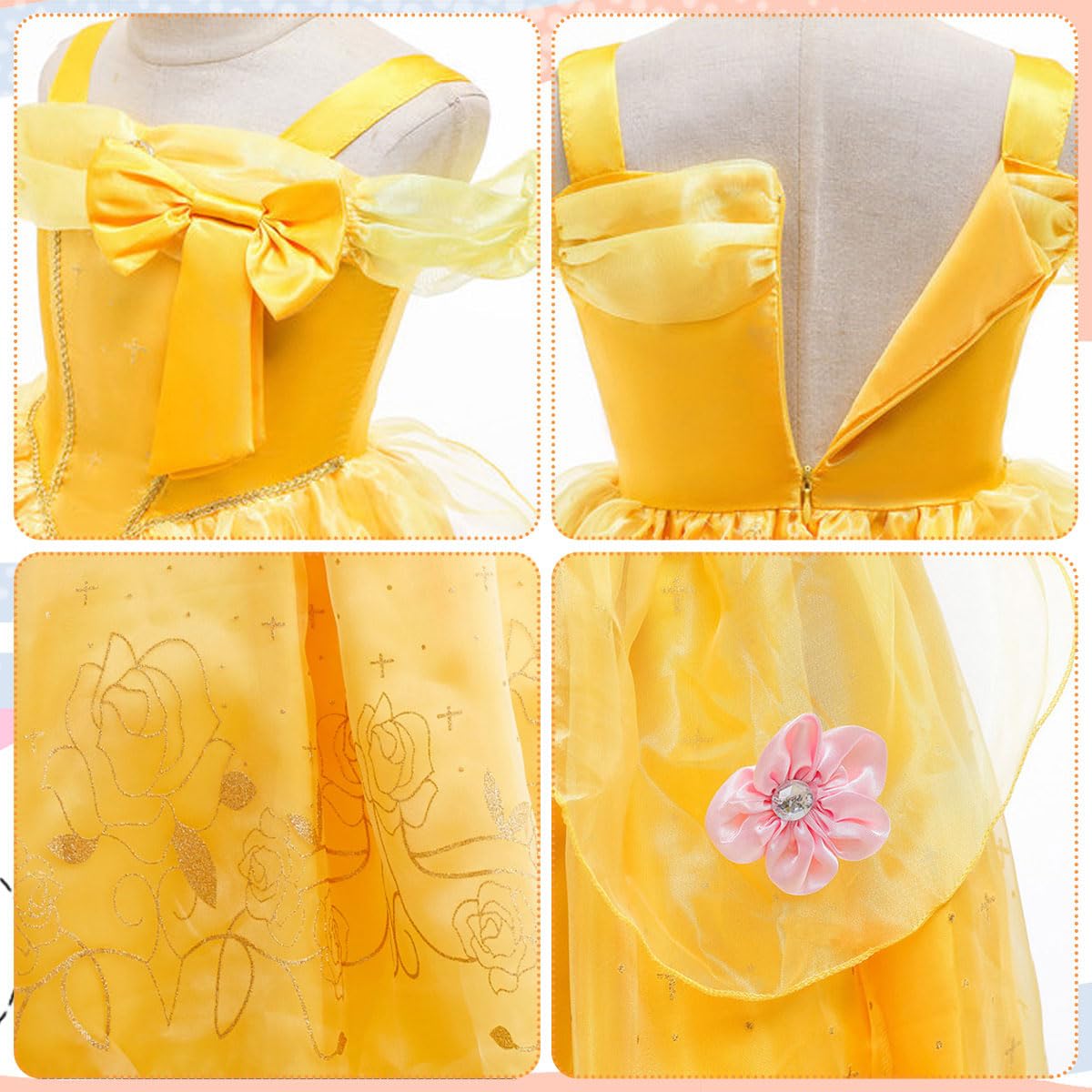 Luzlen Princess Costume For Girls Kids Belle Dress Halloween Cosplay Party Outfit Toddler Princess Dress Up, 2-3 Years(Label 100)