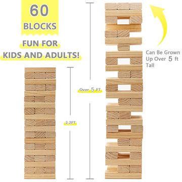 Gorock Giant Tumble Tower, Indoor Outdoor Stacking Timber Games For Kids Adults Family, 60 Pcs Wooden Block Building Family Game