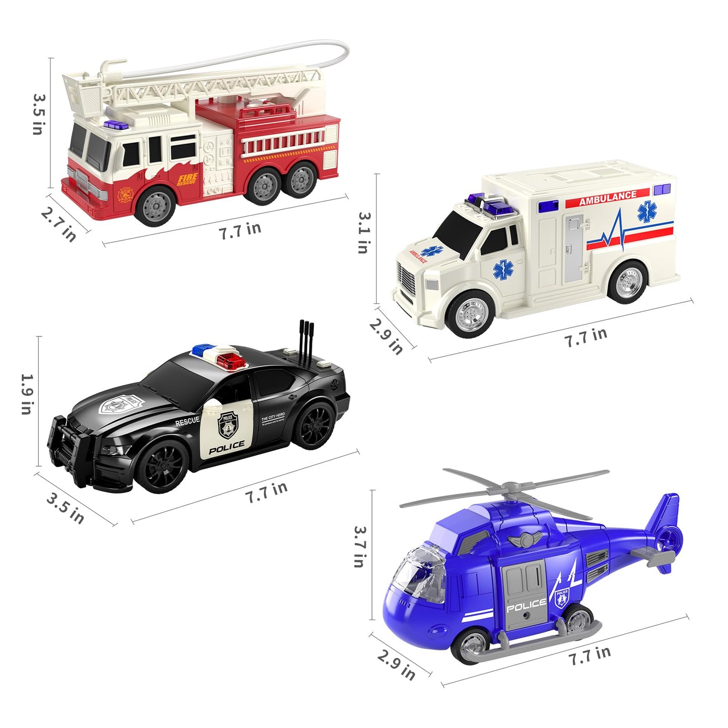 TEMI 4 Pack Emergency Vehicles for Kids, Helicopter, Police Car, Fire Truck, Ambulance Friction Powered Toys for Toddlers, Gifts