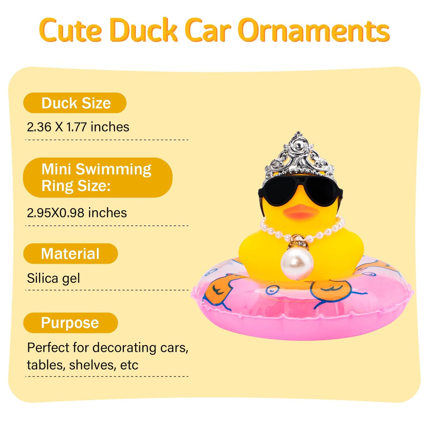 Wonuu Car Duck Rubber Duck Car Ornaments Duck Car Dashboard Decorations With Cute Headband Swim Ring Necklace Sunglasses, C-Female Crown&Pearl&Pink