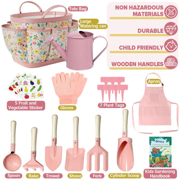 Qtioucp Kids Gardening Set 14Pcs Tools with Tote Bag, Apron, Watering Can, Pink, Model kid gt78-7, Educational STEM Learning for Toddlers