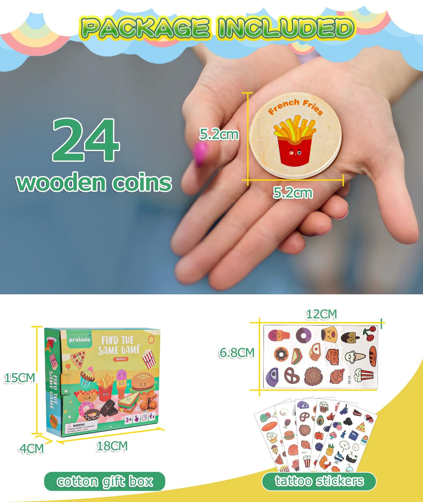 Protado Wooden Match Memory Game For Kids, 24Pc Memory Matching Cards With 5Pc Tattoo Stickers, Educational Memory Matching Game For Pre-Kindergarten Early Learning Development Kids (Delicacy)