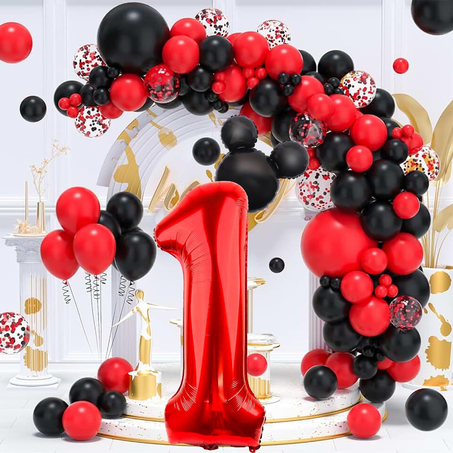 Lebery 40 Inch Mouse Number 1 Balloon Black Red 1 Balloons For 1St Birthday, Mini Mouse Head Balloon Red Giant Number One Balloons For Mouse Clubhouse Baby Shower Anniversary Supplies Decorations