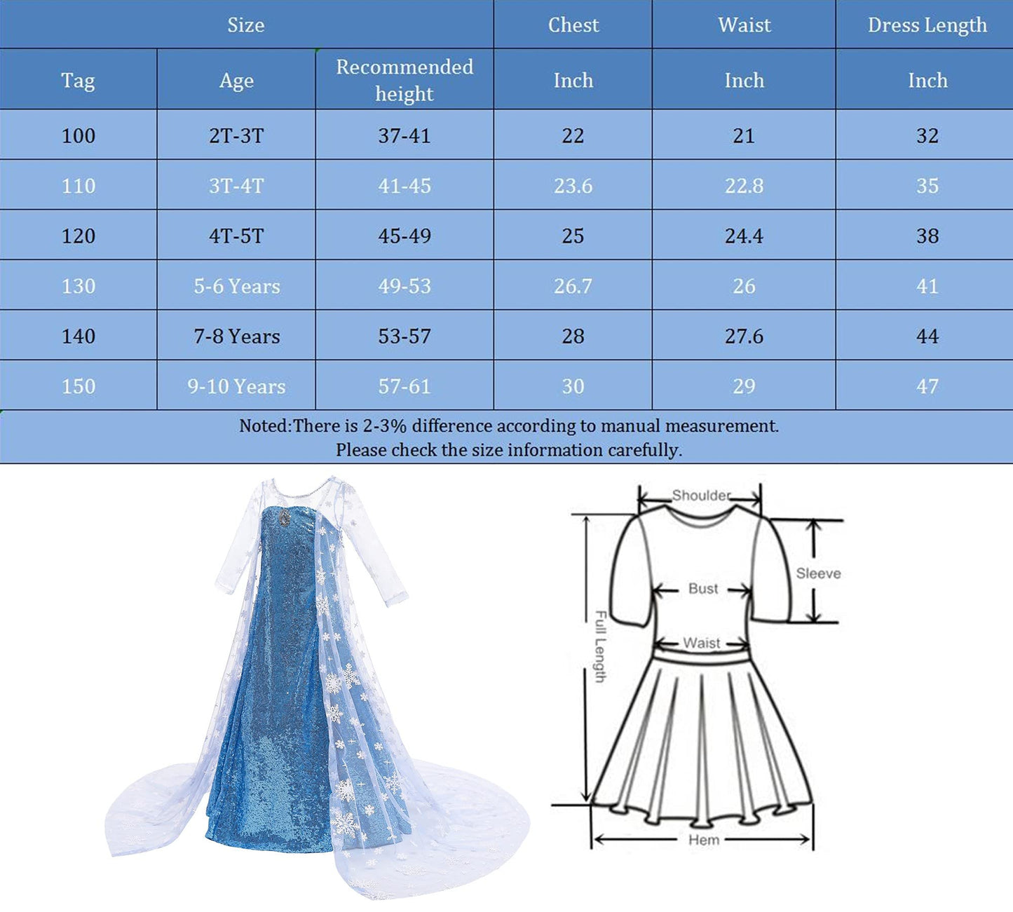 Princess Costume Long Cape Birthday Party Dress Up With Crown,Magic Wand,Wig,Gloves For Little Girls 7-8 Years(140Cm,K32)
