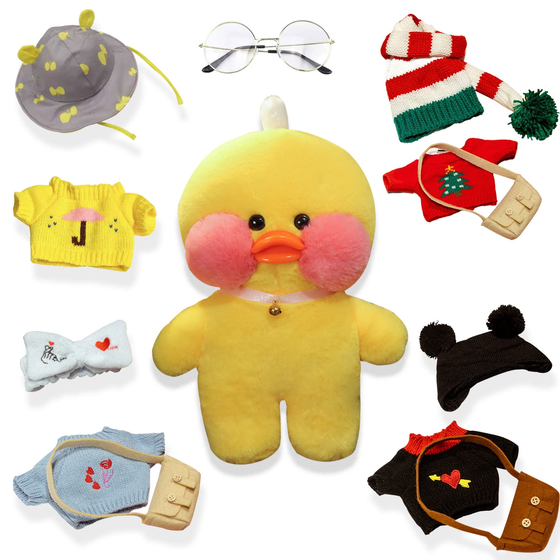 LALAFANFAN Cute Yellow Duck Plush Toy Stuffed Animal with 12 Accessories, DIY Dress Up Clothes, Kawaii Duck Plush for Kids