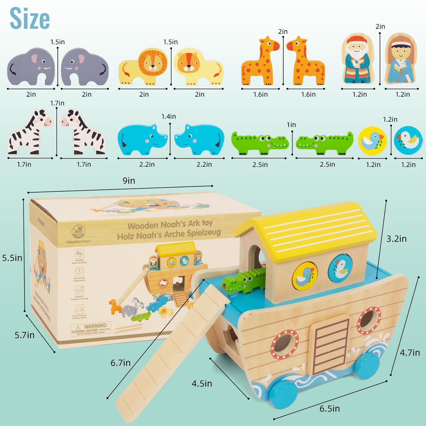WOODENFUN Toddlers Wooden Noah's Ark Toy Playset, Montessori Shape Sorter, 5"x10"x10", Ideal for Boys & Girls, Model 55020-ZJ
