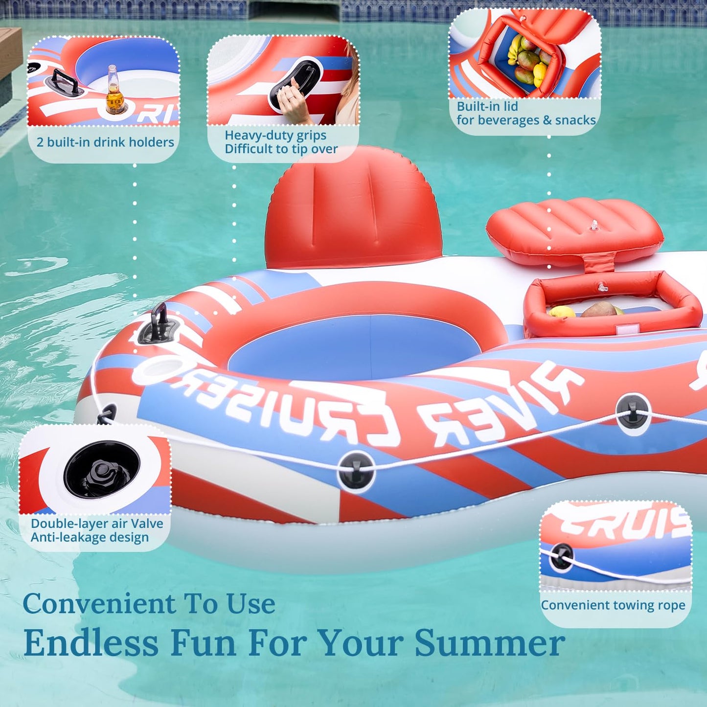 Sunrio 2025 New & Upgrade 2 Person Double River Tubes For Floating Heavy Duty Inflatable Floating Lounger Premium Water Rafts Pool Float Above Lake And River For Adults(Red)