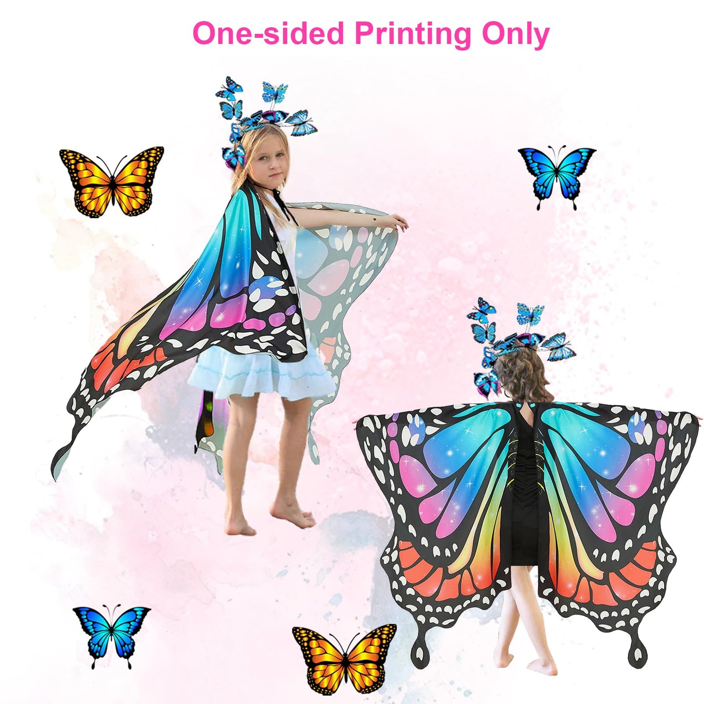 Rektak Butterfly Wings For Girls, Butterfly Costume For Halloween Party Kids Fairy Wing With Mask And Headband(Rainbow-2)