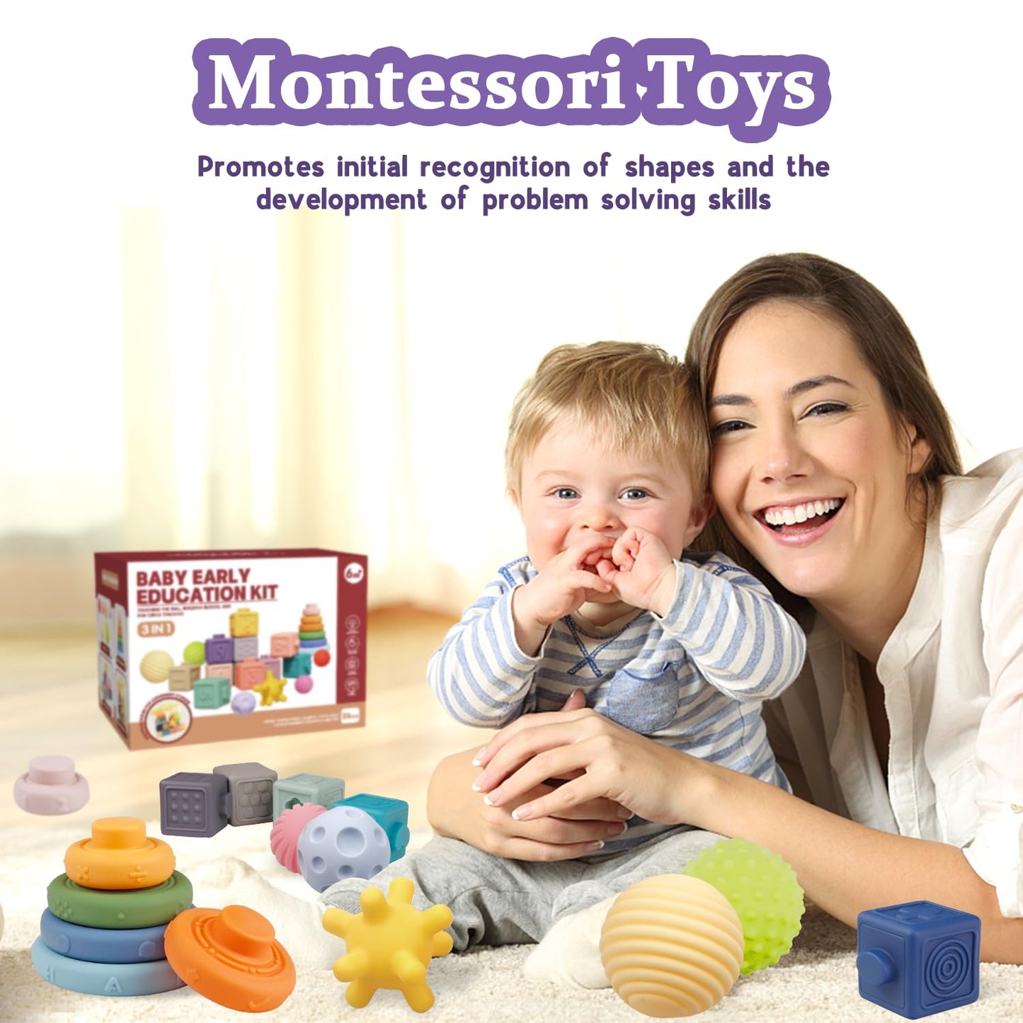 Montessori Toys For Babies,Soft Stacking Building Blocks Rings Balls Sets,3 In 1 Baby Toys Bundle,Sensory Toys For 6-12 Months, Soft Teething Toys For Babies,Baby Toys Easter Shower Gifts For Boy Girl