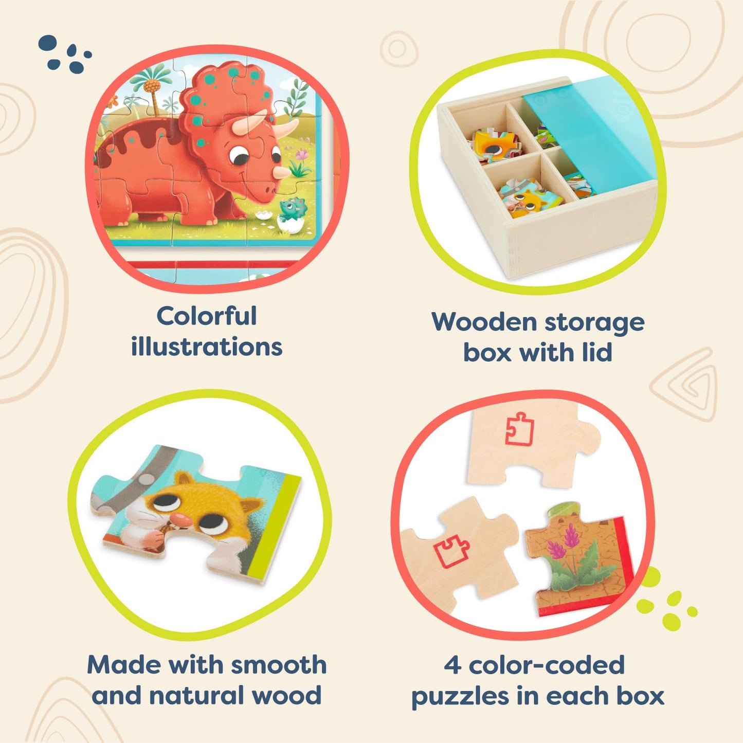 B. Toys- Pack O' Puzzles 2-Pack - Pets & Dinos- Wooden Puzzle Box Set – 2 Puzzle Boxes, 8 Puzzles- 12-Piece Jigsaw Puzzles For Kids – 3 Years +