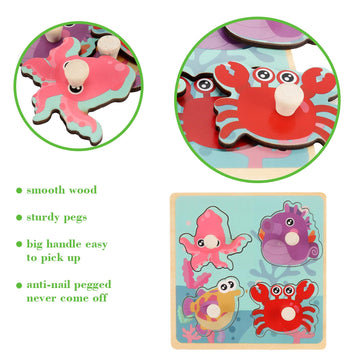 Wooden Peg Puzzles For Toddlers 1-3, Kids' Educational Preschool Peg Puzzle Toy, Set Of 4 Toddler Puzzles - Farm, Dinosaur, Fruit And Marine Animals, Ideal Gift For Ages 1 2 3 Boys And Girls