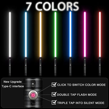 Oomyeh 2 In 1 Dueling Lightsaber Alloy Handle 7 Colors With 3 Modes Light Saber Type-C Rechargeable Lightsaber For Kids And Adults Children'S Day (2 Pack Black)
