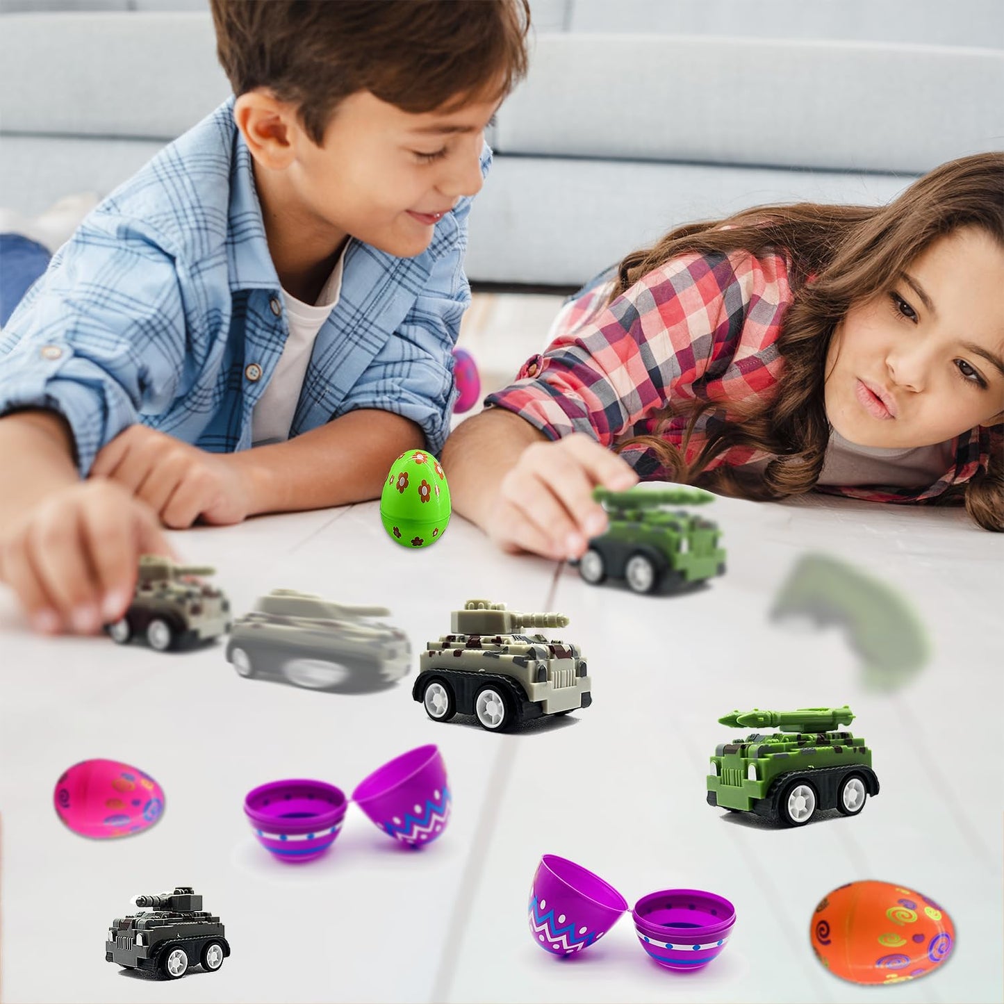 Dreamplay Car Toys Filled Easter Eggs, 12 Pcs Army Pull Back Car Toys Pre Filled Plastic Easter Eggs Bulk For Kids Toddlers