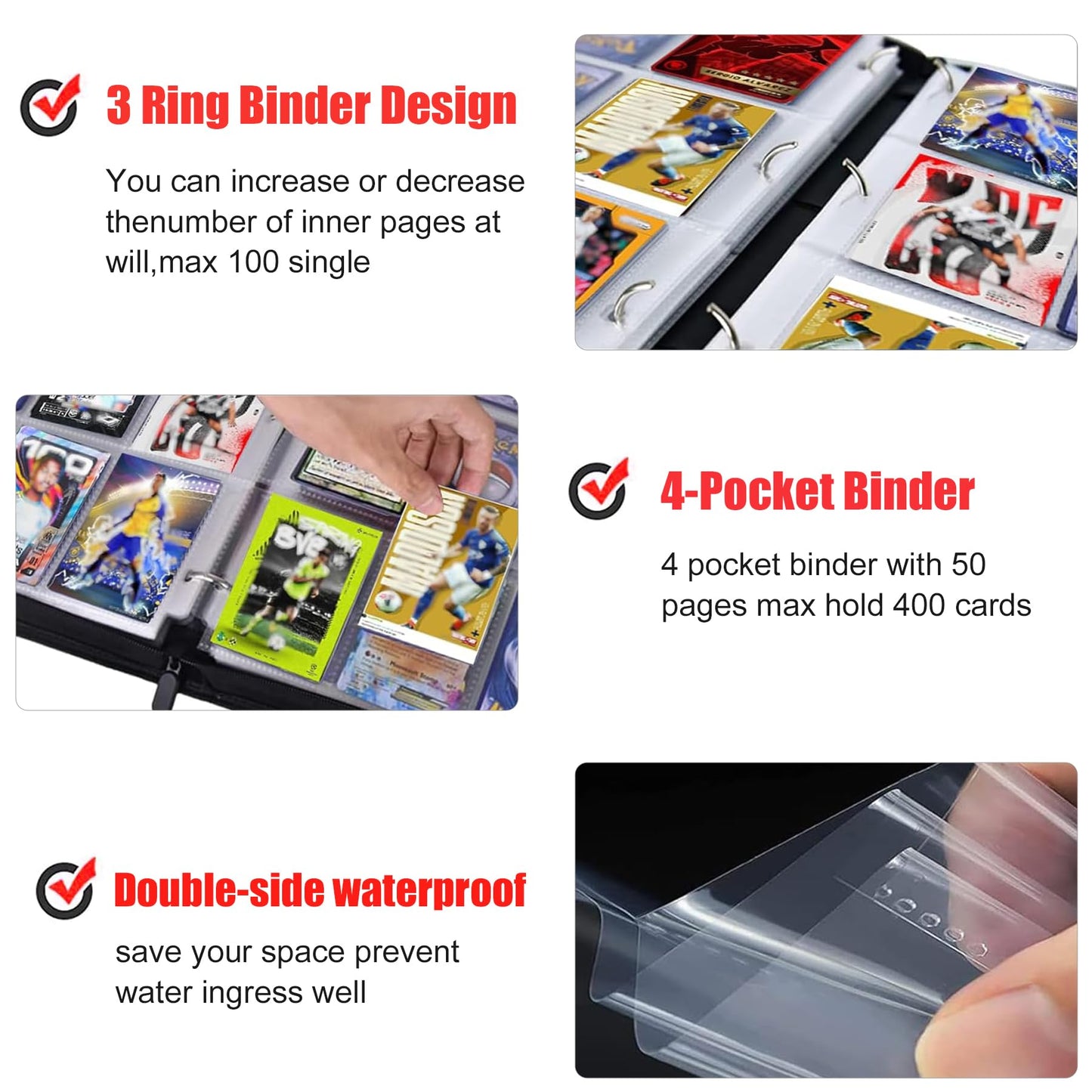 Soccer Card Binder 400 Pockets for Soccer Trading Cards Collectors Portable Waterproof Card Storage Book with Removable Clear Sleeves Compatible with Soccer Cards 2025-26