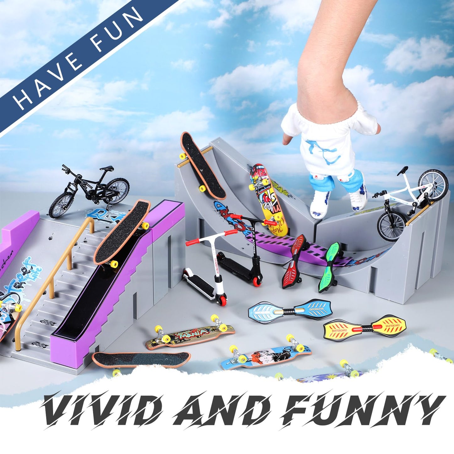 Syhood 73 Pcs Finger Skateboard Ramp Set Mini Skateboard For Finger Including 7 Skateboarding Sites 10 Finger Skateboards 1 Pair Of Finger Pants And Tool Accessories For Kids Adult Training Skate Gam