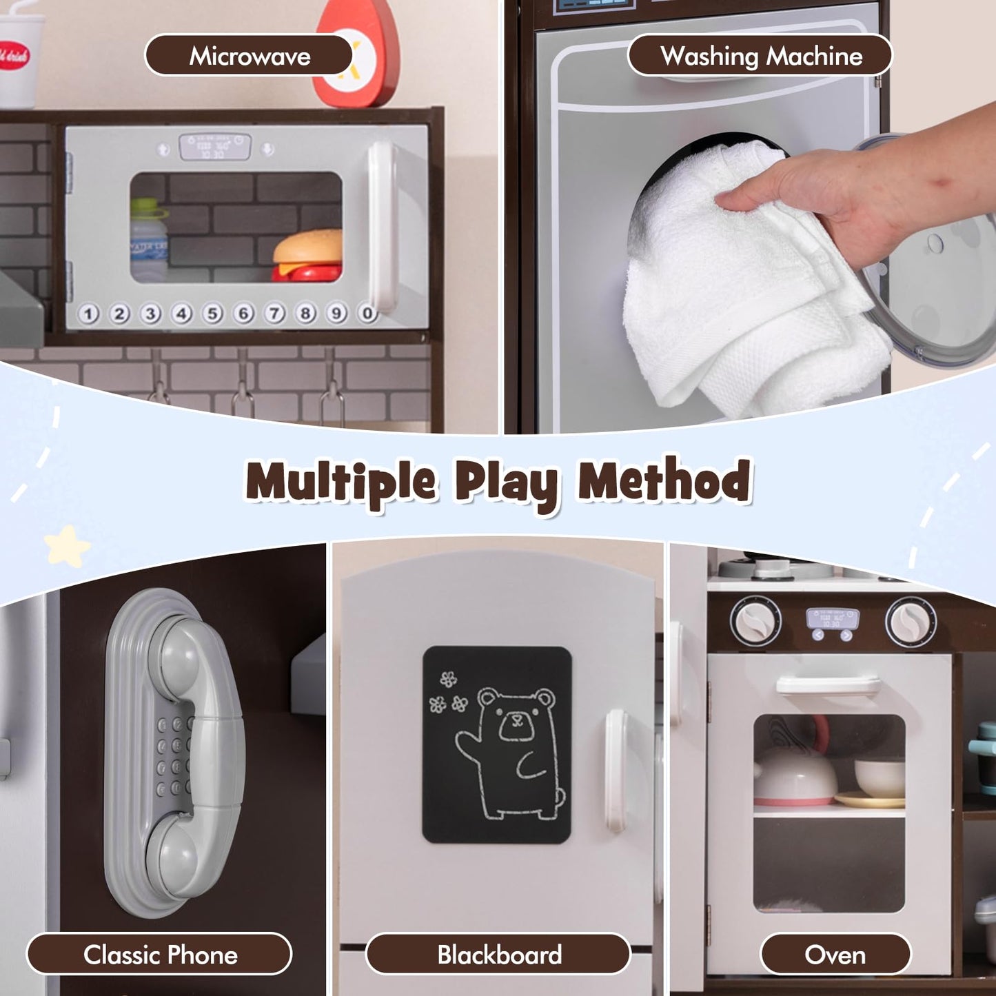 Costzon 2-Piece Play Kitchen, Wooden Toy Kitchen Set with Washing Machine, Range Hood, Ice Maker, Blackboard, Pretend Telephone,