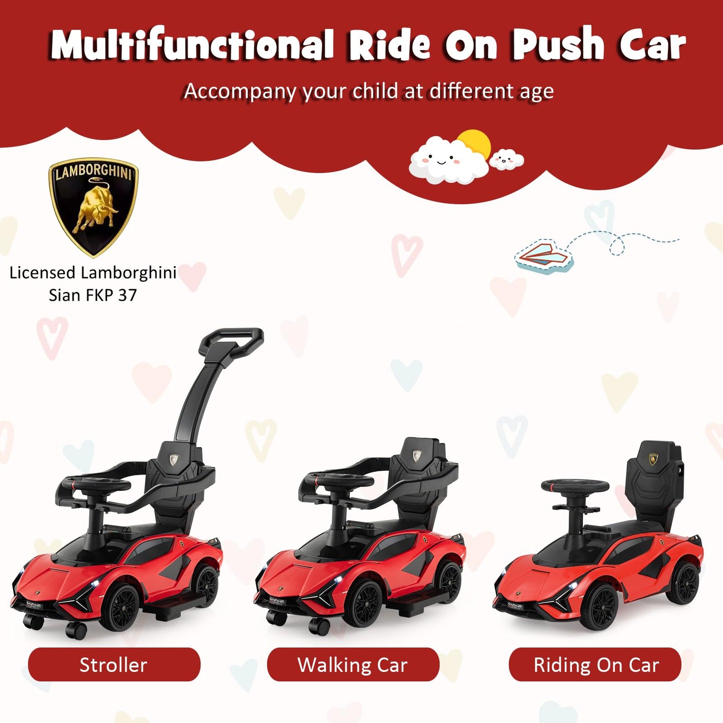 INFANS 3 in 1 Ride on Push Car, Licensed Lamborghini Baby Stroller Sliding Walking Car with Parent Control Handle, Music, USB, H