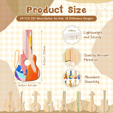 Syhood 24 Pcs Diy Wood Guitar Cutouts For Kids, 12.4 X 6.5 Inches Wood Guitars Cutouts For Boys Girls, Bamboo Musical Instrument For Painting, Suitable For Crafts Class, Birthday Party, Theme Party