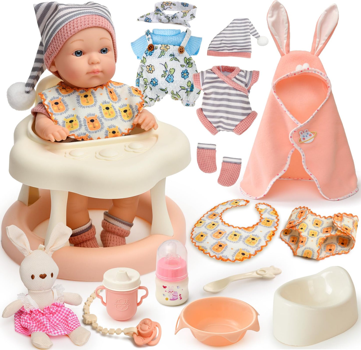 Cleboen Baby Doll Accessories Set For Girls, 9'' Baby Doll With 2 Sets Clothes Doll Walker Feeding Bottle Pacifier Diaper Blanke