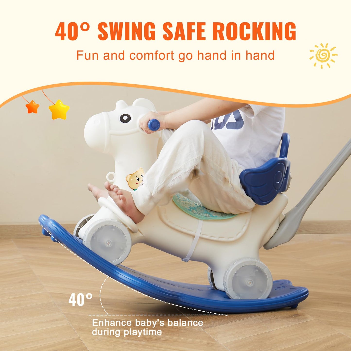 Vevor 4 In 1 Rocking Horse For Toddlers 1-3 Years, Baby Rocking Horse With Detachable Balance Board, Push Handle And 4 Smooth Wheels, Support Up To Hdpe 80 Lbs Kids Ride On Toy With Sound, Blue