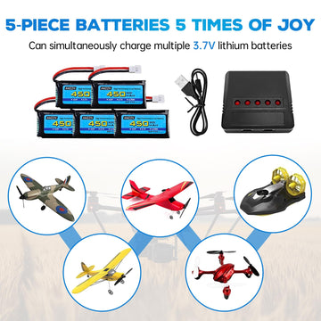 Amzzn 5Pcs 3.7V 450Mah 30C Lipo Battery With 5-In-1 Charger Molex Plug Compatible With Most Rc Drones, Four Axis Aircraft And Sy