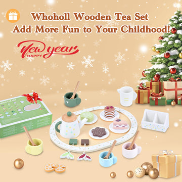 WHOHOLL Wooden Tea Party Set for Little Girls Play Food, Toddler Girl Toys Play Kitchen Accessories with Teapot Tea Cup Dessert