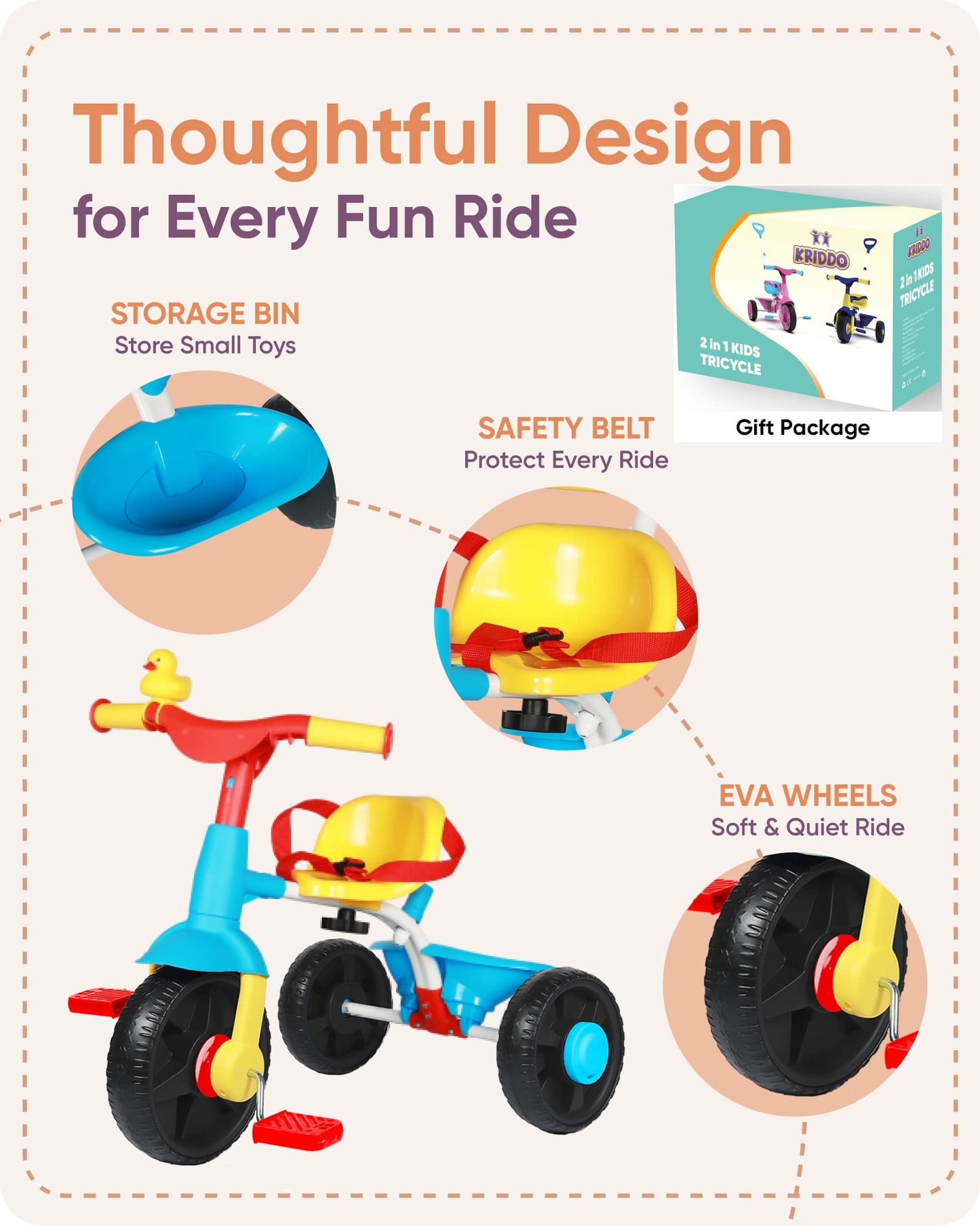 KRIDDO 2 in 1 Kids Tricycle for Ages 18 Months to 3 Years, Carbon Steel, EVA Wheel, Classic Color, Model TC005