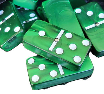Domino Double 6 Green Marbleized Tiles With Spinners, Jumbo Tournament Size In Black Elegant Velvet Bag