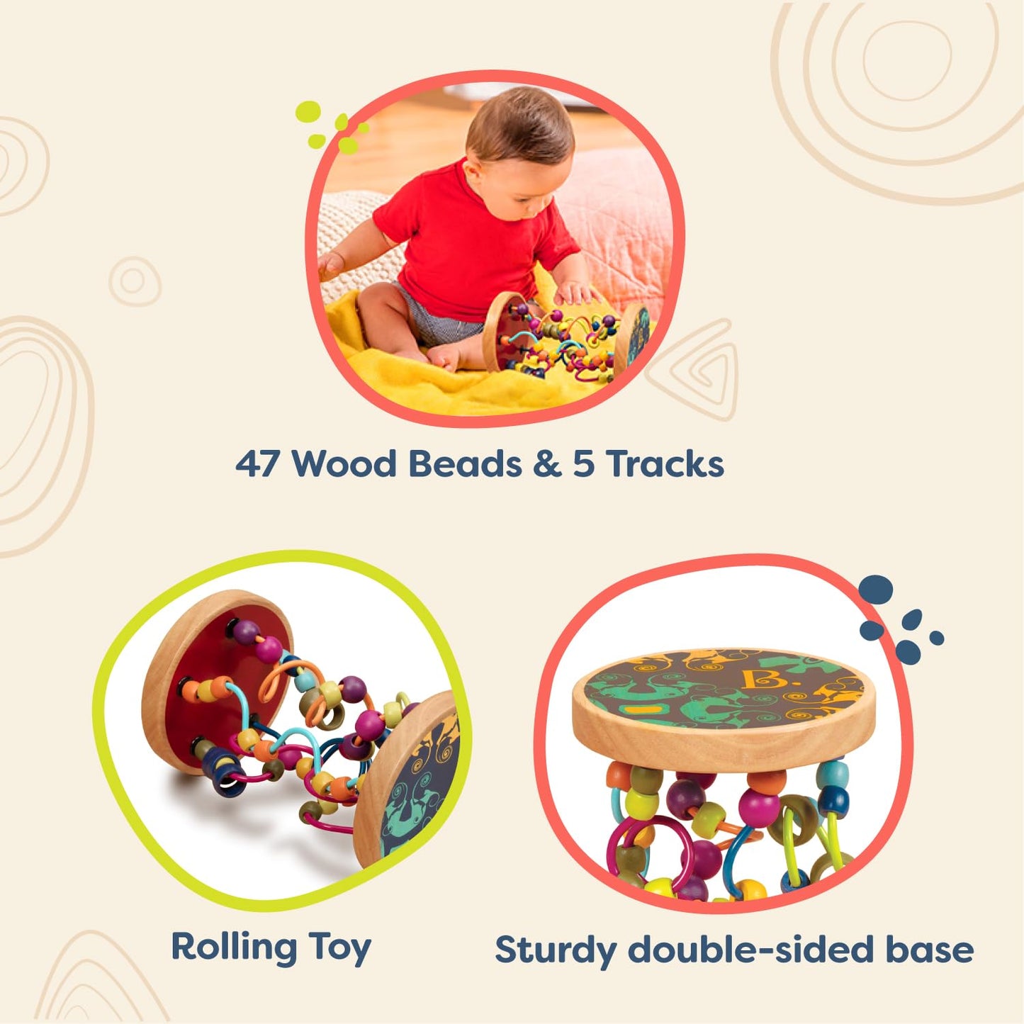 B. toys Loopty Lo Wooden Rolling Toy - Bead Maze for Babies & Toddlers, 47 Beads, Multicolor, Medium, Model BX1155Z