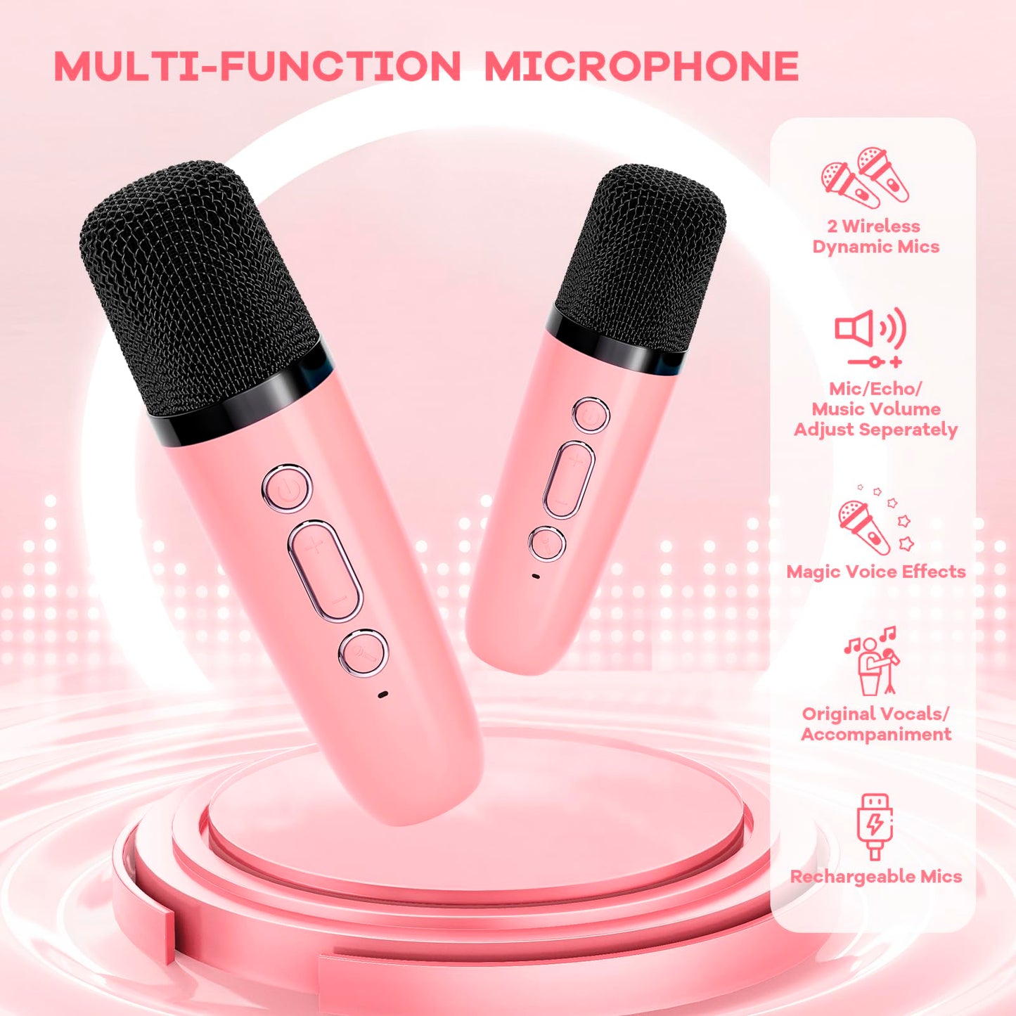 Yll Mini Karaoke Machine For Kids Adults, Portable Bluetooth Speaker With 2 Wireless Microphones, Toys Birthday Easter Gifts For Girls 4, 5, 6, 7, 8, 9, 10, 11, 12+ Years Old Toddler Teens(Rose)