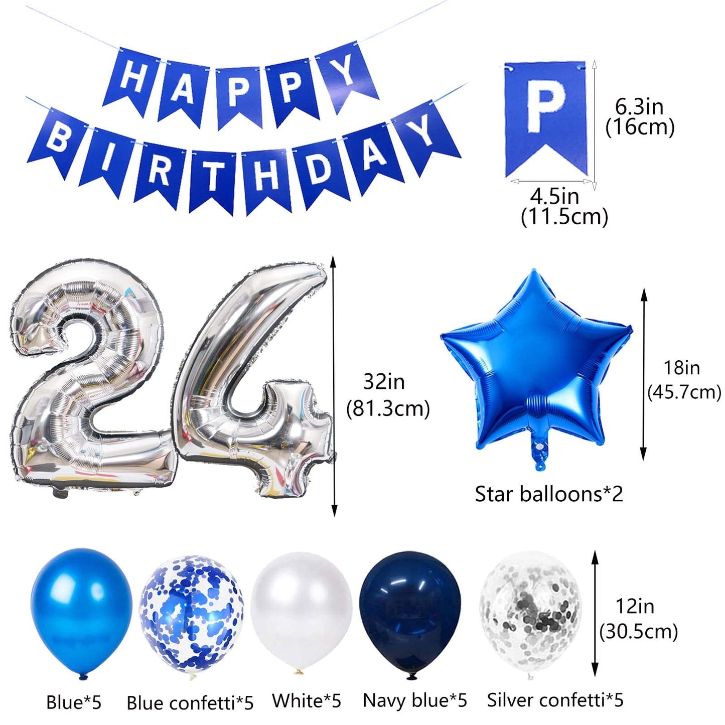 24Th Birthday Party Decoration Blue For Men, Happy Birthday Banner Blue Number 24 Birthday Star Foil Balloons Latex Confetti Bal