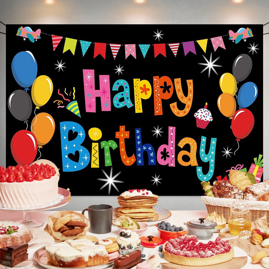 Black Balloon Birthday Paty Backdrop Black Balloon Happy Birthday Banner Black Balloon Photography Background For Home Decoratio
