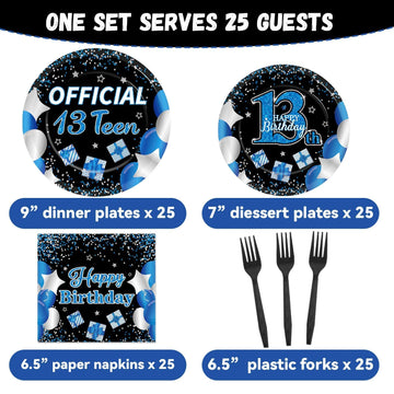 100 Pcs 13Th Birthday Decorations For Boys Official Teen 13Th Supplies Plates Napkins Forks Set Disposable Blue 13Th Birthday Ta
