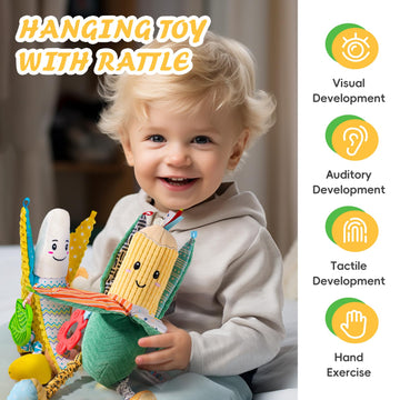 Jollybaby Stroller Rattle Toys For Car Seat Parm, Fruit Plush Hanging Infant Crib Bed Travel Activity Ring Bell With Crinkle, Squeaky & Teether For Boys Girls(Banana)