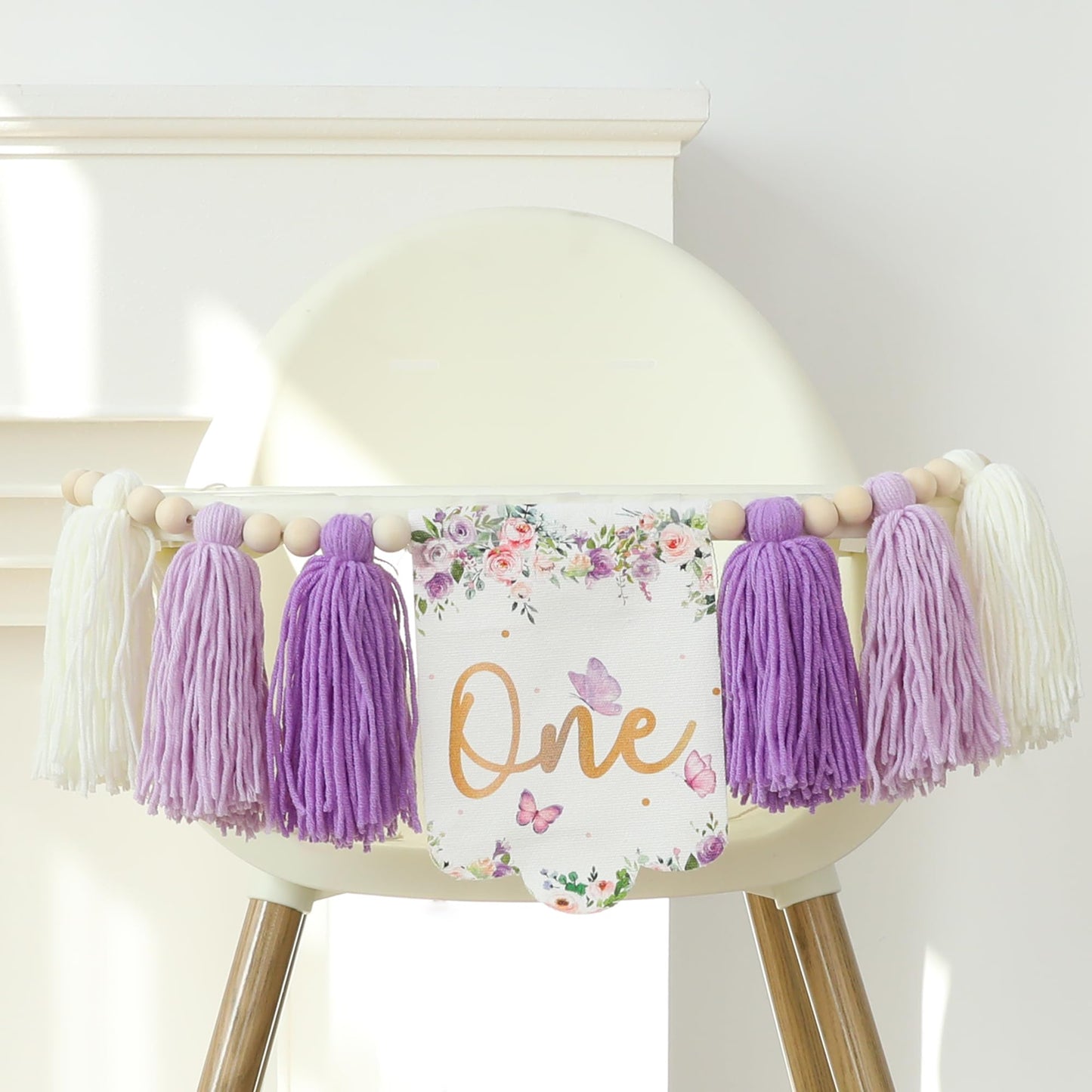 HODIHIWI Handmade Butterfly Flower 1st Birthday High Chair Banner Purple Party Decoration For Girls Boys Wall Hangings Decorativ