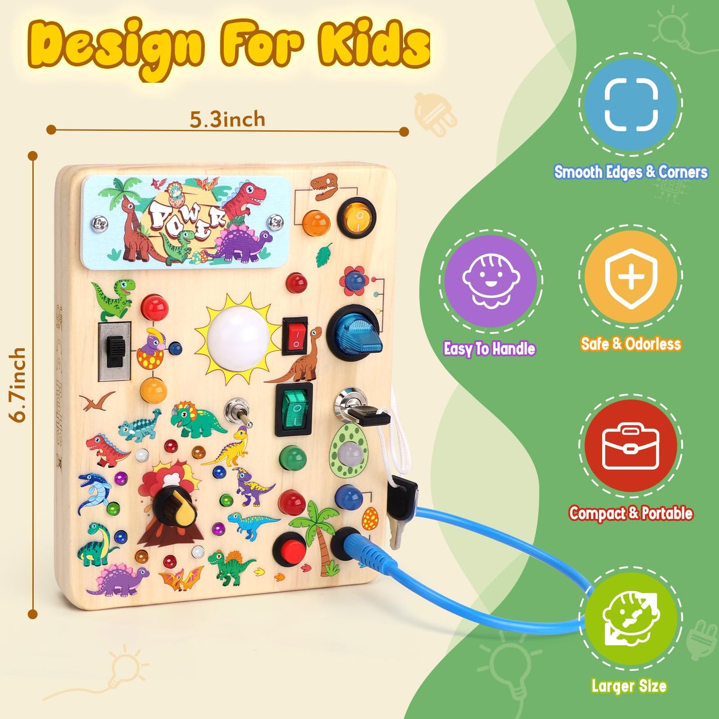 Iabedi Dinosaur Busy Board,Montessori Toys For 1-3 Years Old, Wooden Toddler Toys, Sensory Travel Toys, Ideal Gift For 1+ Year O