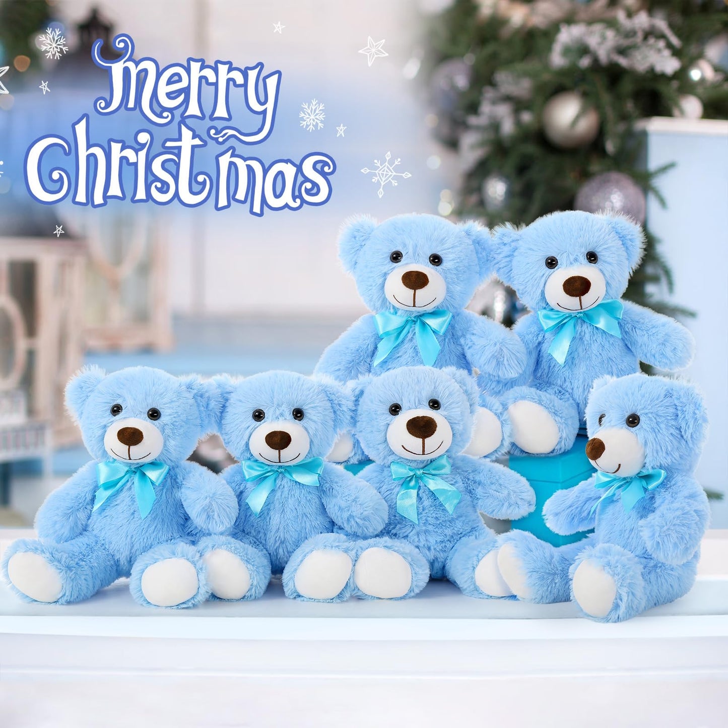 Morismos 6 Pack Teddy Bear Bulk, Soft Bulk Teddy Bear Stuffed Animals 14 Inch, Small Bear Plush For Baby Shower, Kids, Blue