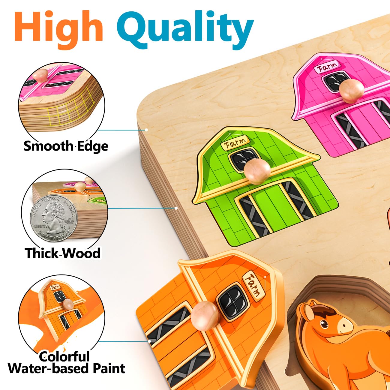 Wooden Puzzles For Toddlers 1-3 : Farm Animal Peg Puzzles, Preschool Learning Activities, Toddler Toys Age 1-2, Montessori Toys For 1 2 Year Old Boy Girl Christmas Birthday Gift