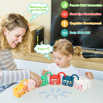 Kizmyee Montessori Lock And Key Car Toys, Sensory Matching & Sorting Early Learning Toy With Number For Preschool Children, Boys And Girls 18+ Months Old