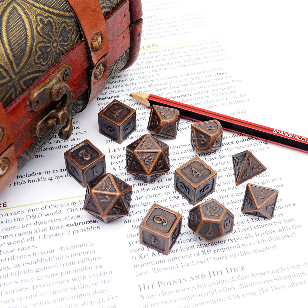 Haxtec 11PCS Metal DND Dice Set D&D Extra D6 D20 for Dungeons and Dragons TTRPG Games-Antique Copper 11PCS